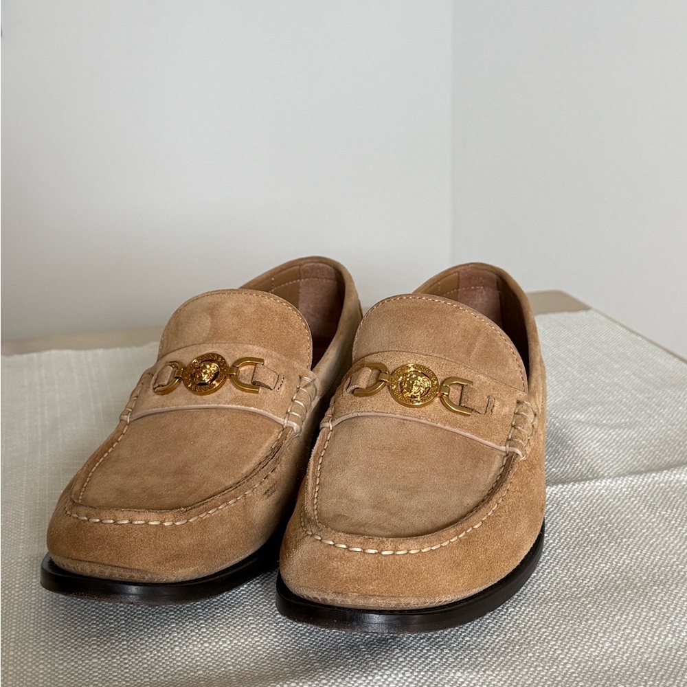 Versace Men’s Tan Suede Loafers with Gold Medusa Accent Size 44 (11 US)